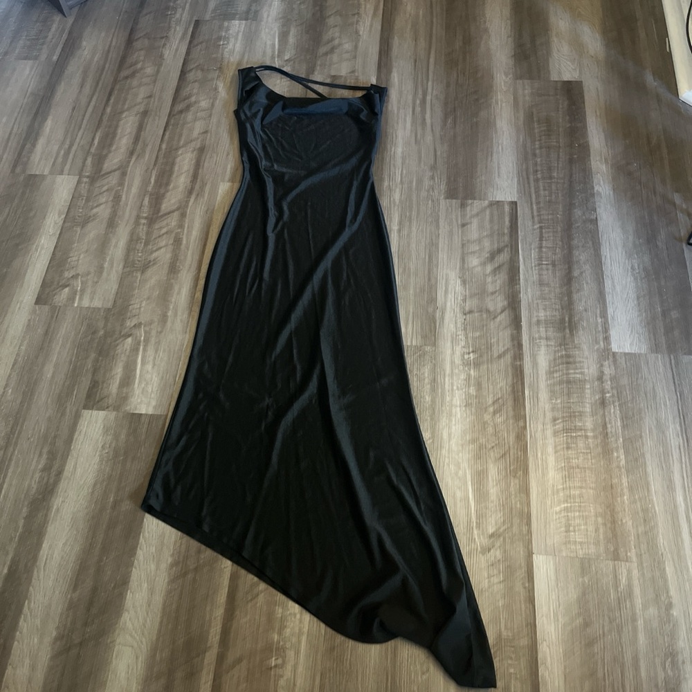 Sleek Black Asymmetric Slip Dress